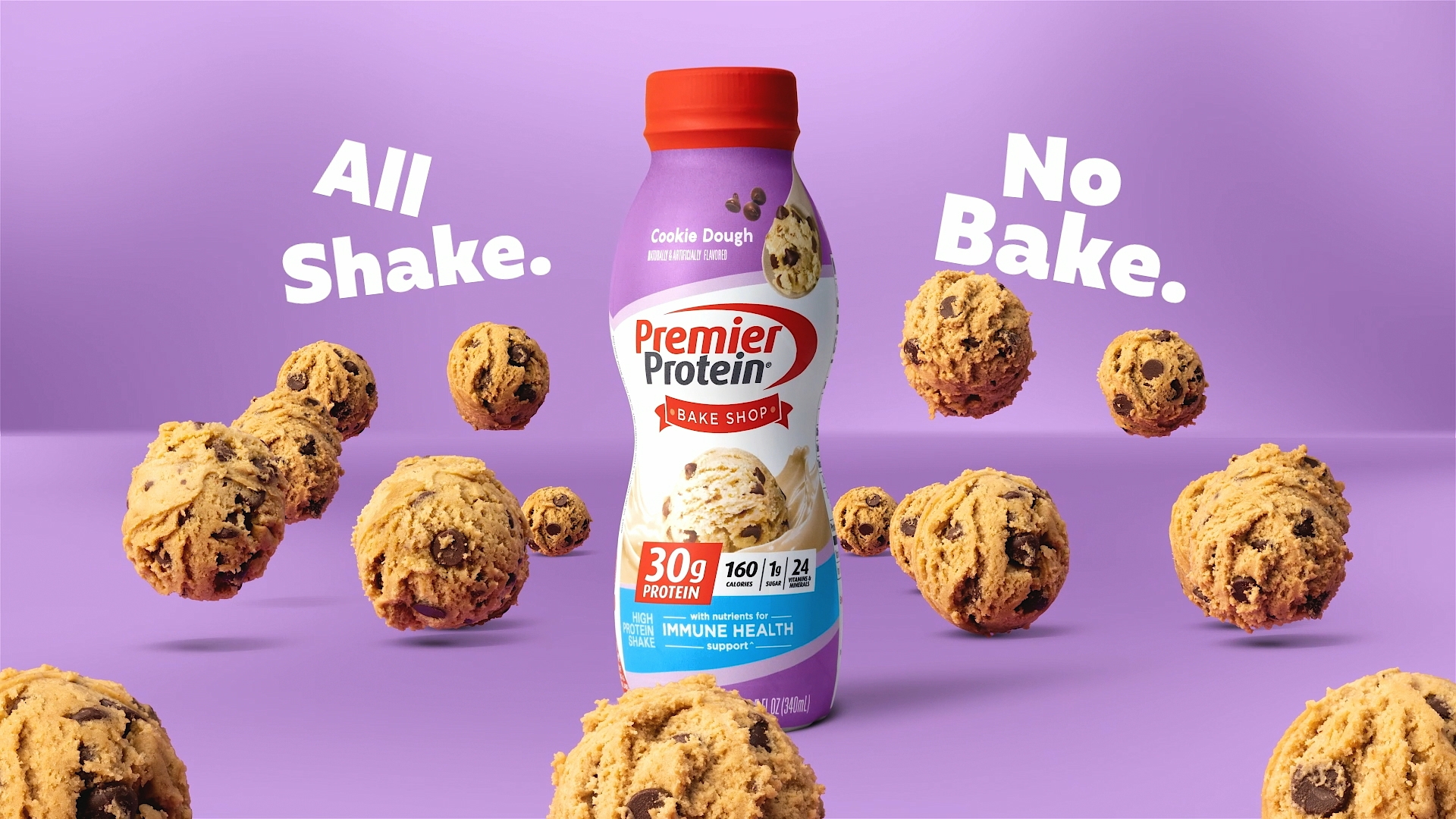 Video Poster: A bottle of Cookie Dough flavor Premier Protein shake with text reading 'All Shake. No Bake.'