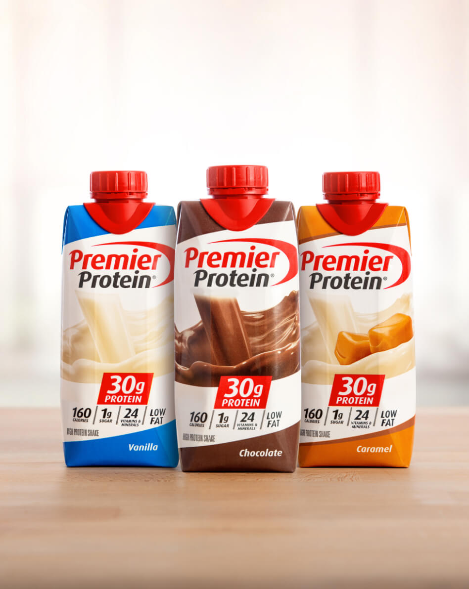 Three Premier Protein shakes.